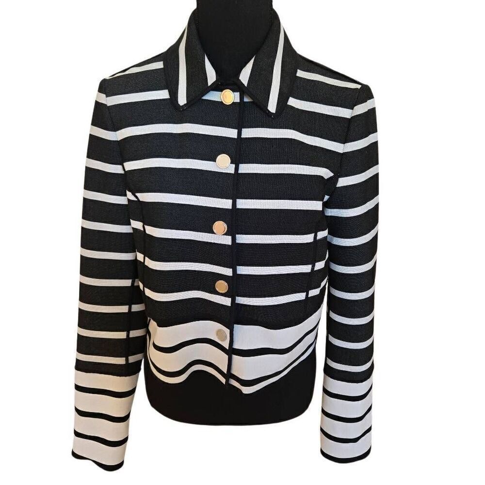 W By Worth Womens Striped Snap Front Cropped Jacket Black White Size 2
